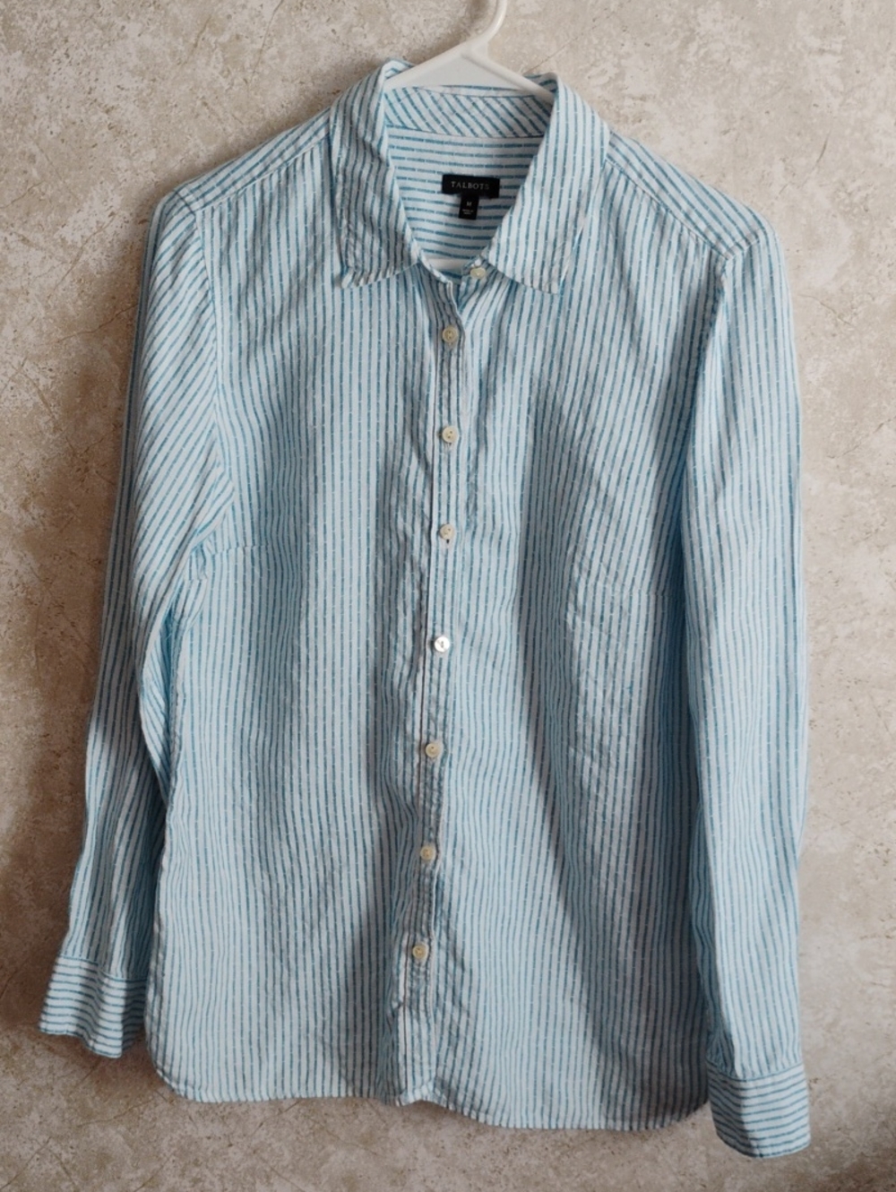 Women's Talbots Light Blue and White Striped Liken Button-Down Shirt/ Vacation